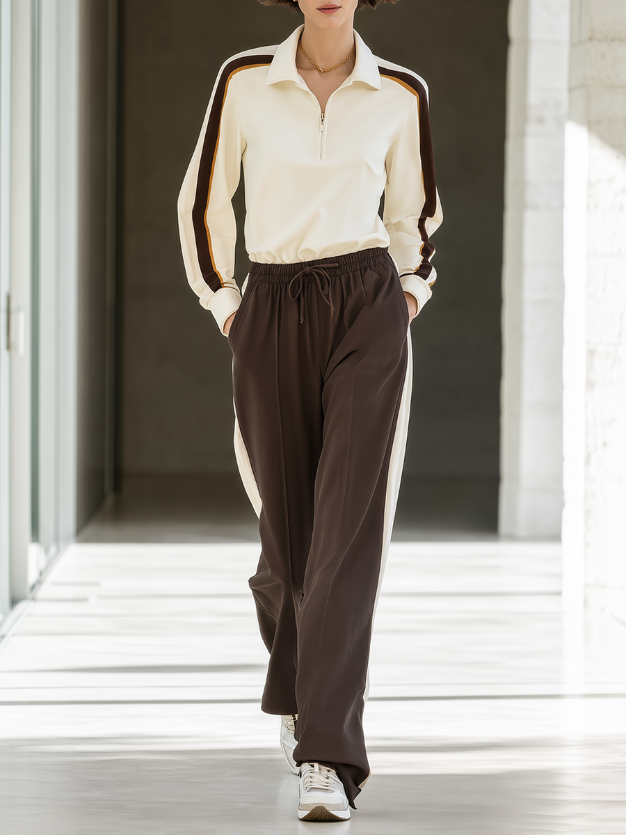 Off-white Half-zip Color-block Top And Brown Wide-leg Trousers Set