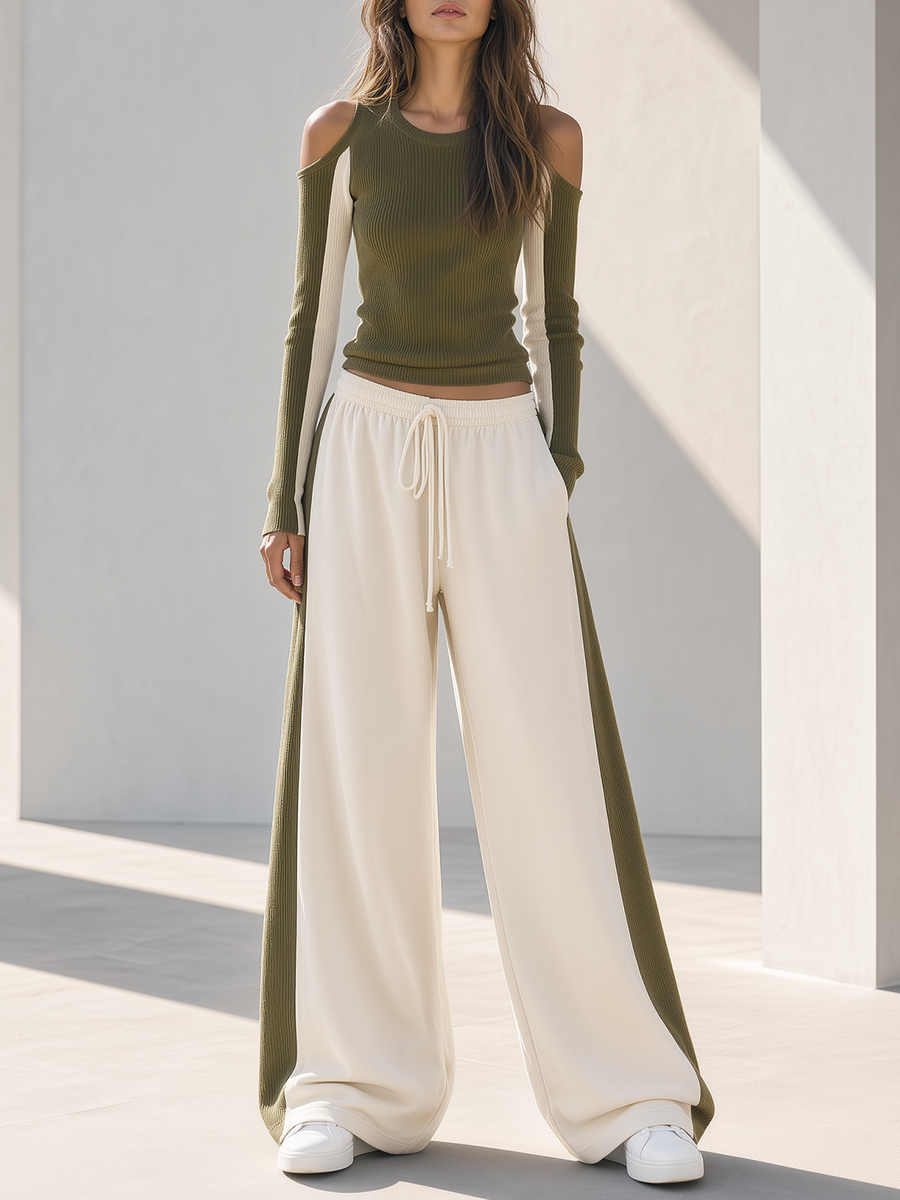 Olive Green Color-block Off-shoulder Ribbed Knit Top And Side-stripe Wide-leg Pants Set