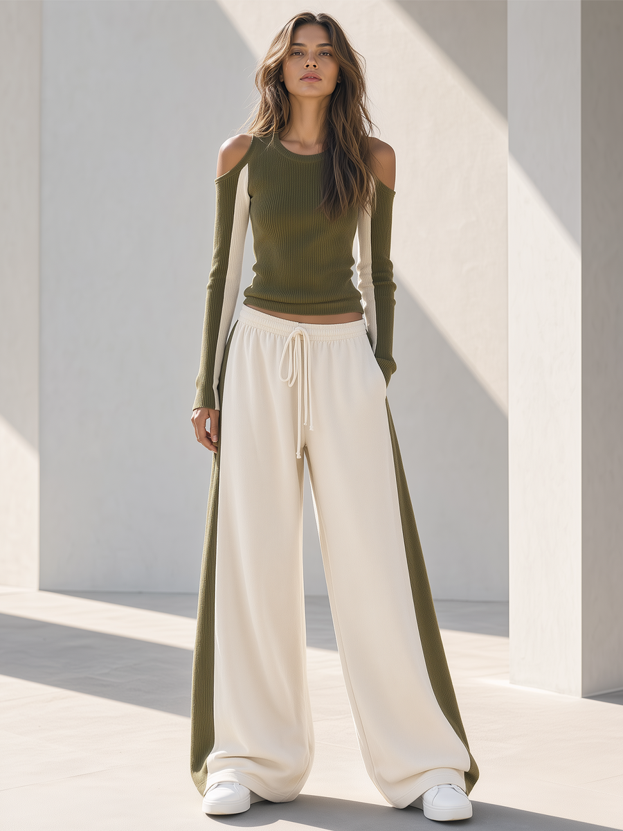 Olive Green Color-block Off-shoulder Ribbed Knit Top And Side-stripe Wide-leg Pants Set