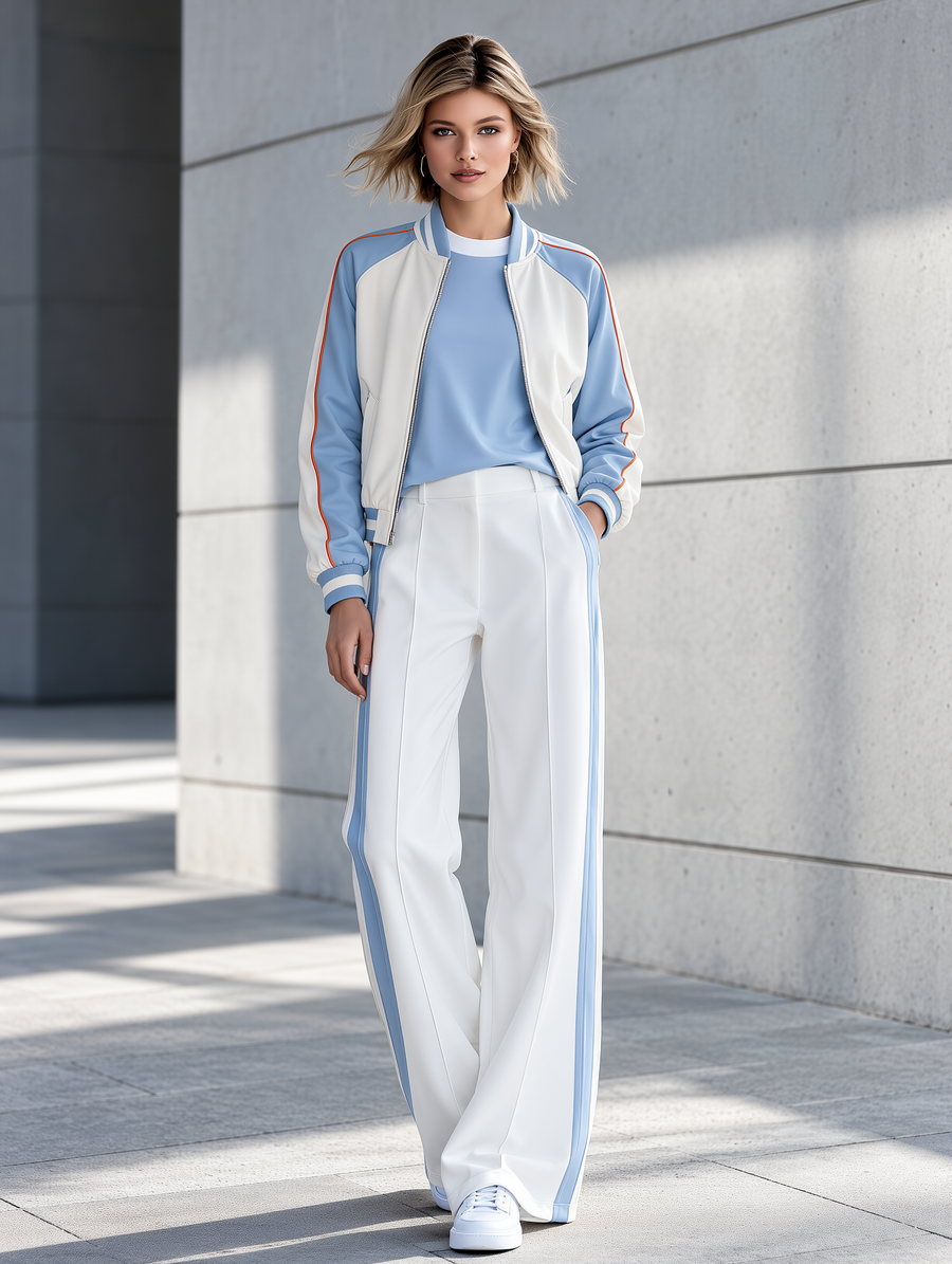 Women's Blue Color-Block Zip-Up Baseball Jacket