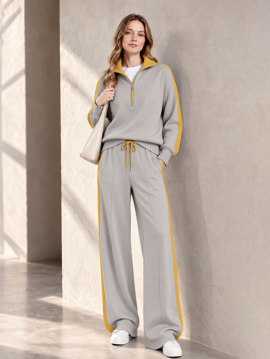 Grey Half-zip Sweatshirt And Wide-leg Sweatpants Set