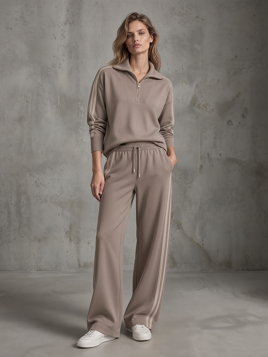Taupe Half-Zip Pullover And Wide-Leg Pants Set