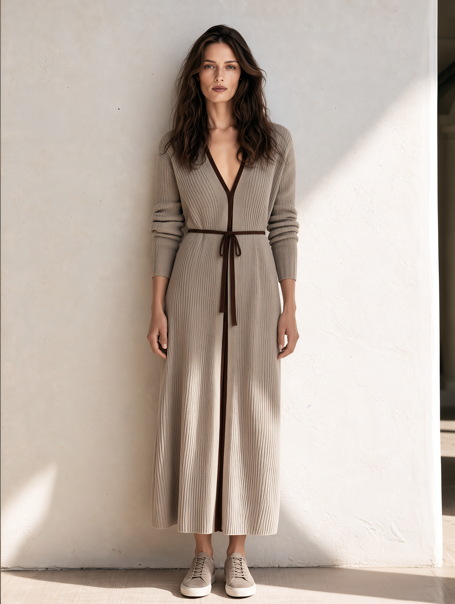 Khaki Long-line Knitted Sweater Dress With Tie-waist Detail