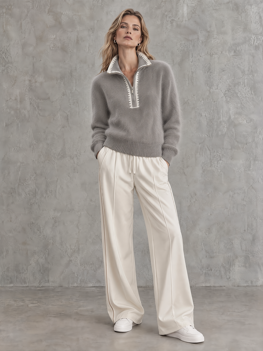 Grey Fleece Half-Zip Sweater And Ivory Wide-Leg Pants Set