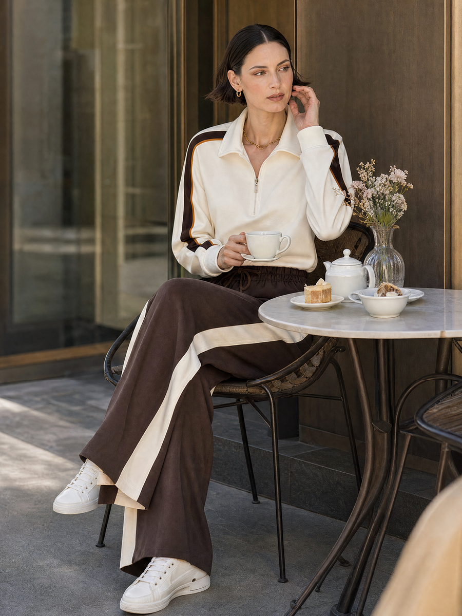 Off-white Half-zip Color-block Top And Brown Wide-leg Trousers Set
