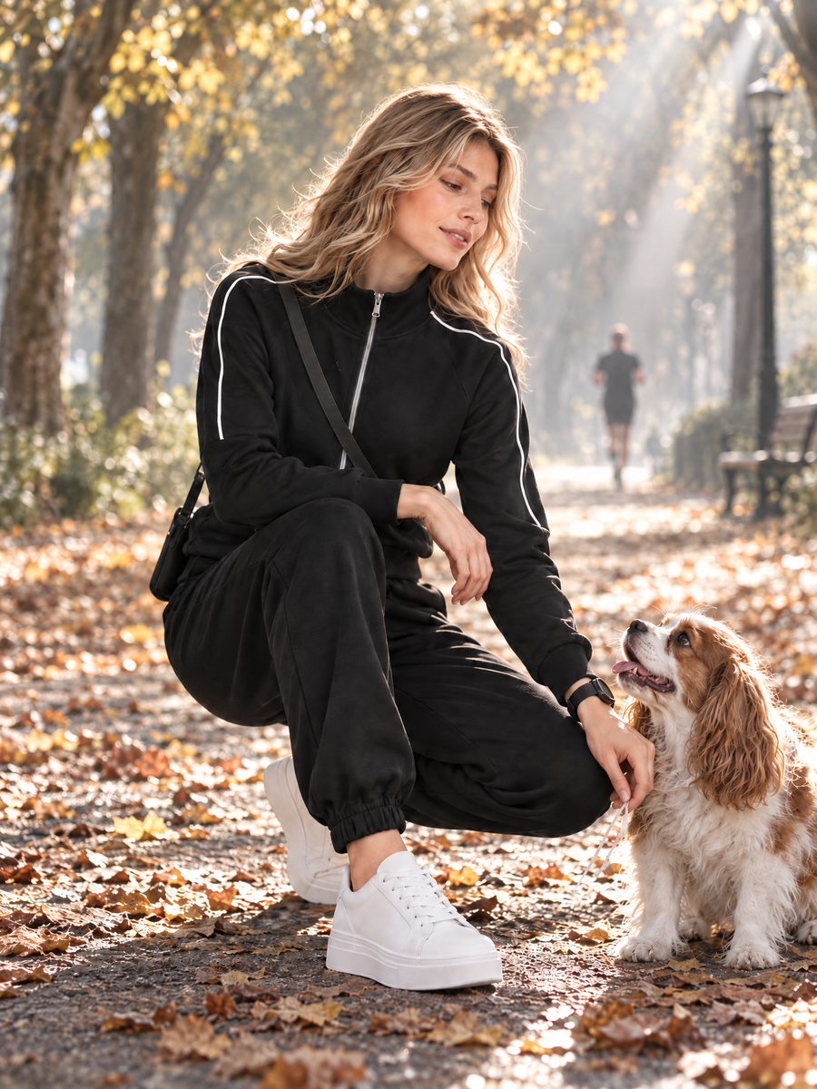 Black Zip-up Jacket And Drawstring Cuffed Sweatpants Set