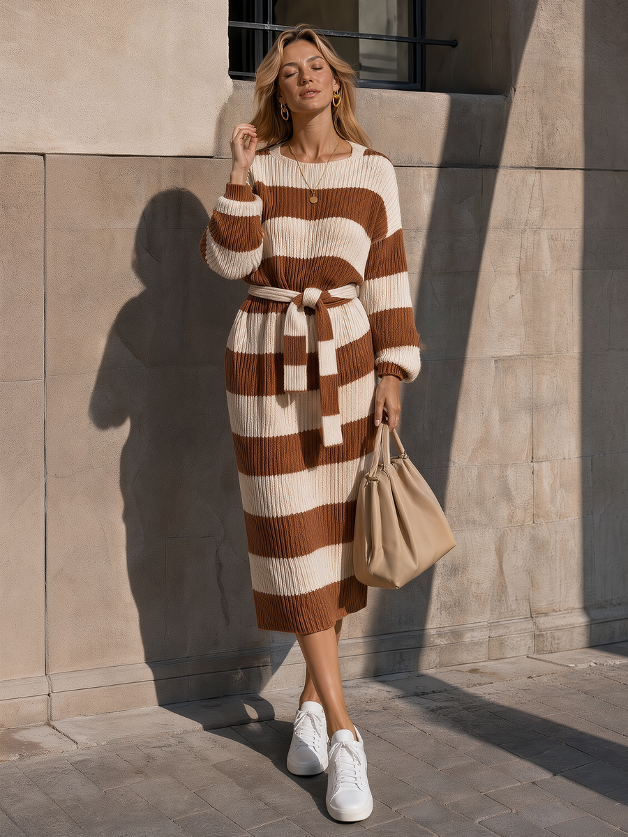 Striped Ribbed Knit Belted Midi Sweater Dress