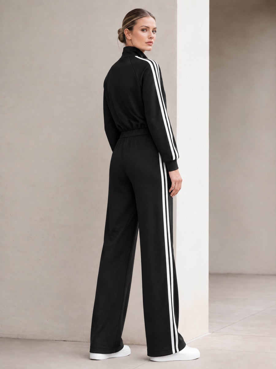 Women's Zip-Up Stripe Jumpsuit Wide Leg Tracksuit