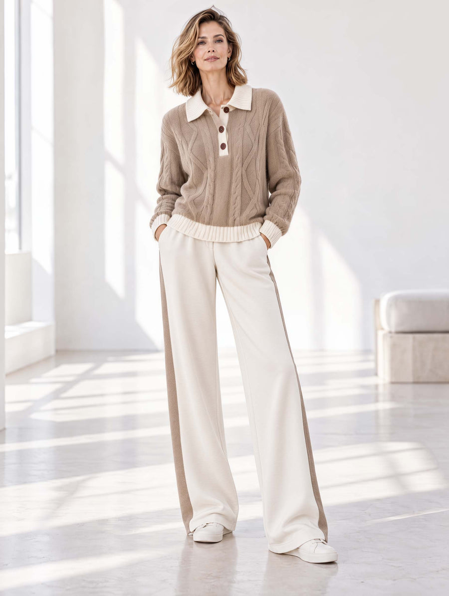 Stylish Casual Khaki And White Color-Block Long-Sleeve Sweater And Wide-Leg Pants Set