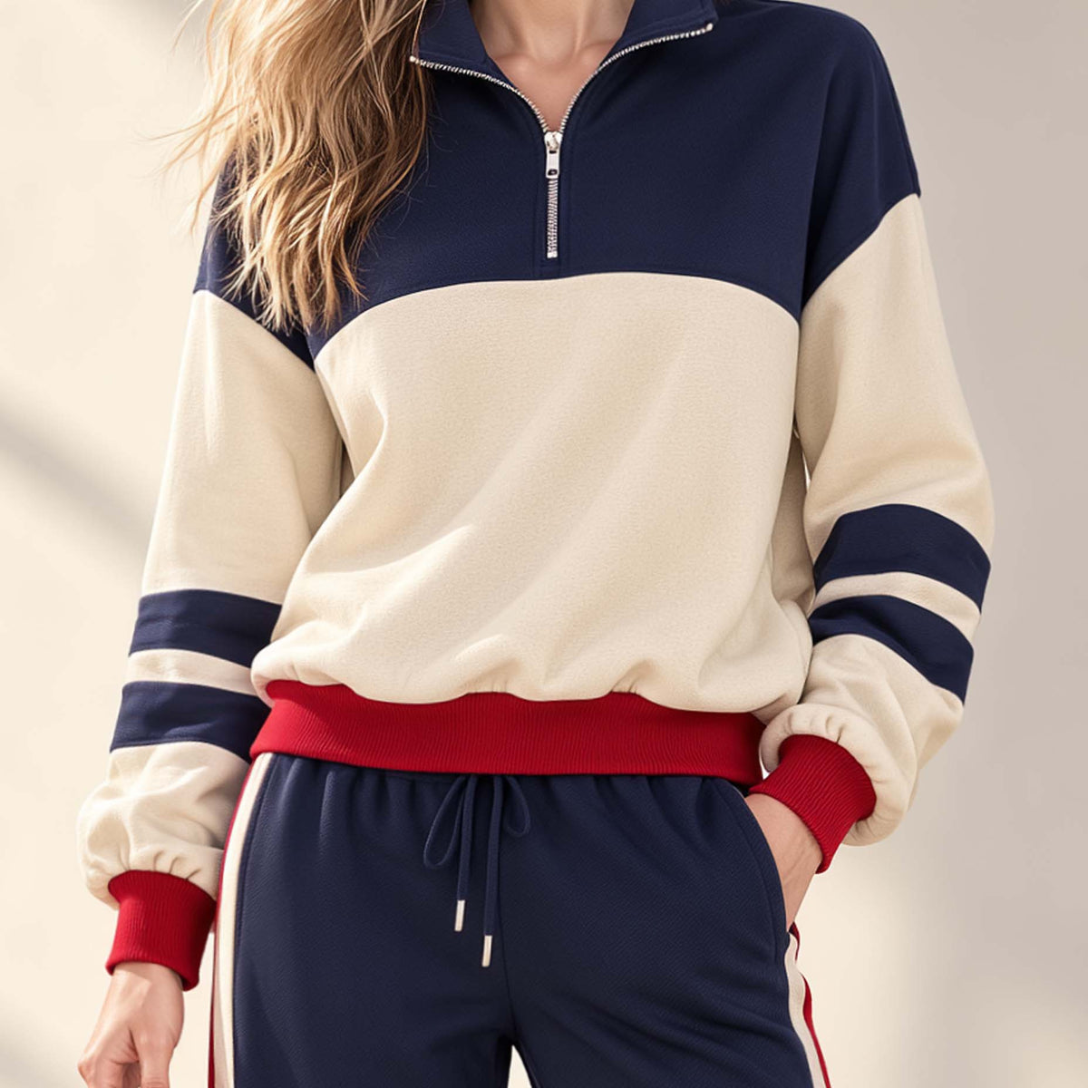 Athleisure-style Long-sleeve Top With A Half-zip Collar And Off-white/navy Color-block Design