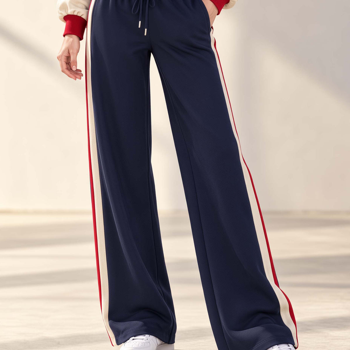 Athleisure-style Navy Color-block Wide-leg Trousers