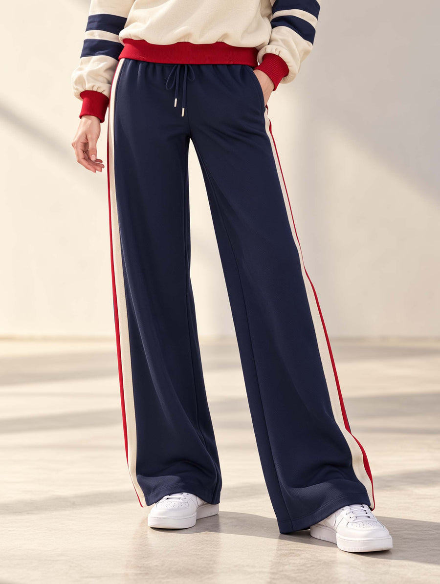 Athleisure-style Navy Color-block Wide-leg Trousers