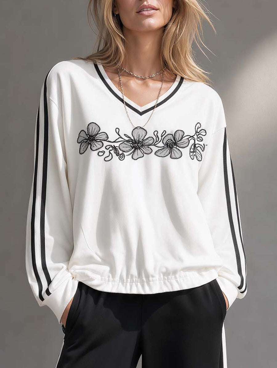 Stylish And Casual White Long-sleeved V-neck Top With Embroidery