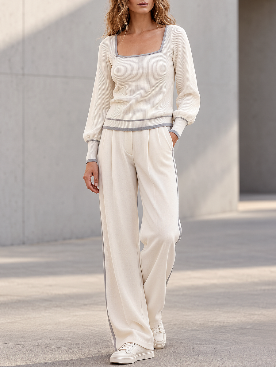 Off-white Square-neck Knit Sweater And Wide-leg Trousers Set