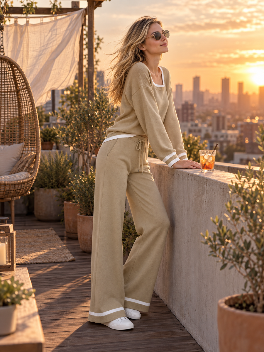 Light Olive Green Loose Sweatshirt And Drawstring Wide-Leg Pants Set
