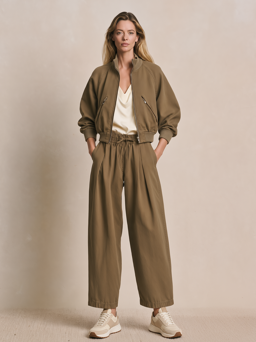 Khaki-green Cropped Zip-up Jacket And Wide-leg Casual Trousers Set
