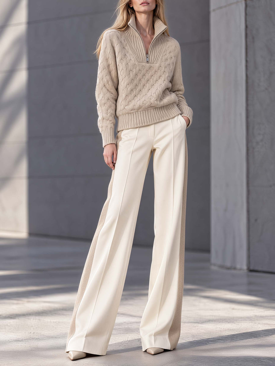 Stylish Casual Khaki Long-sleeve Sweater And White Color-block Trousers Set