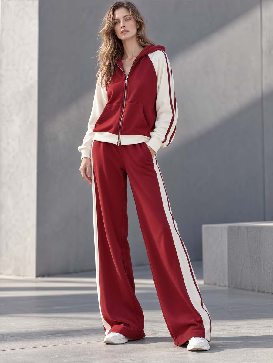Athleisure-style Red And White Color-block Long-sleeve Hooded Jacket And Pants Set