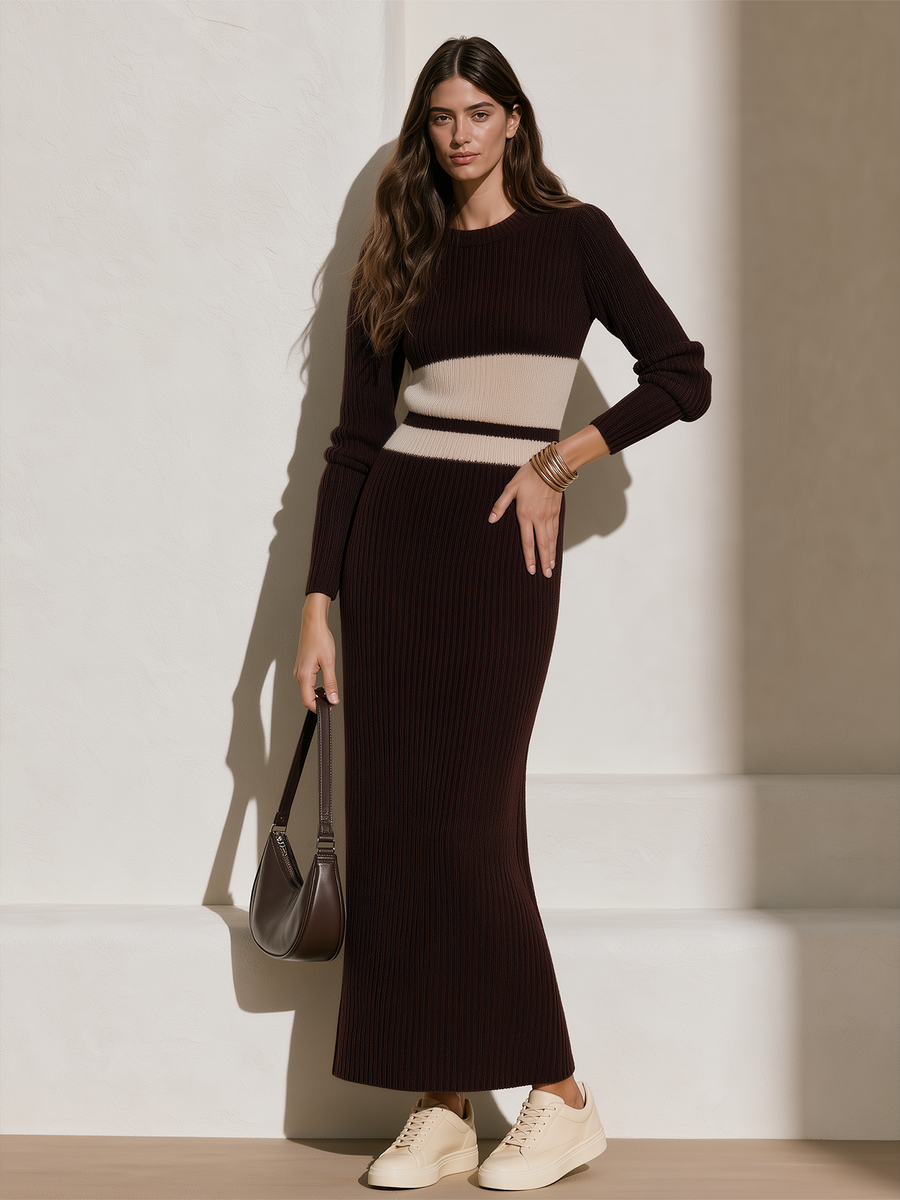 Dark Brown & Cream Ribbed Waist Fitted Long Knit Midi Dress
