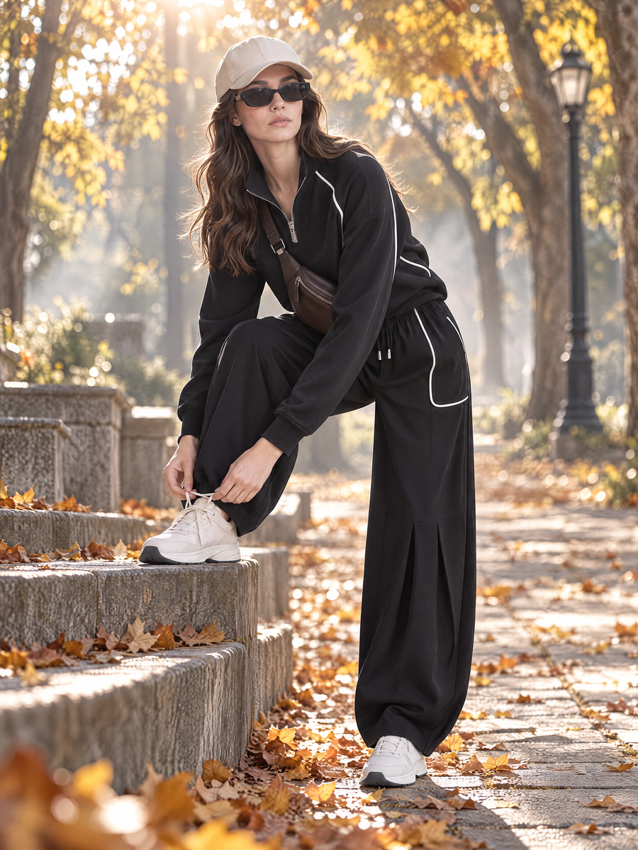 Black Half Zip Stand Collar Sweatshirt & Pleated Wide Leg Pants Set