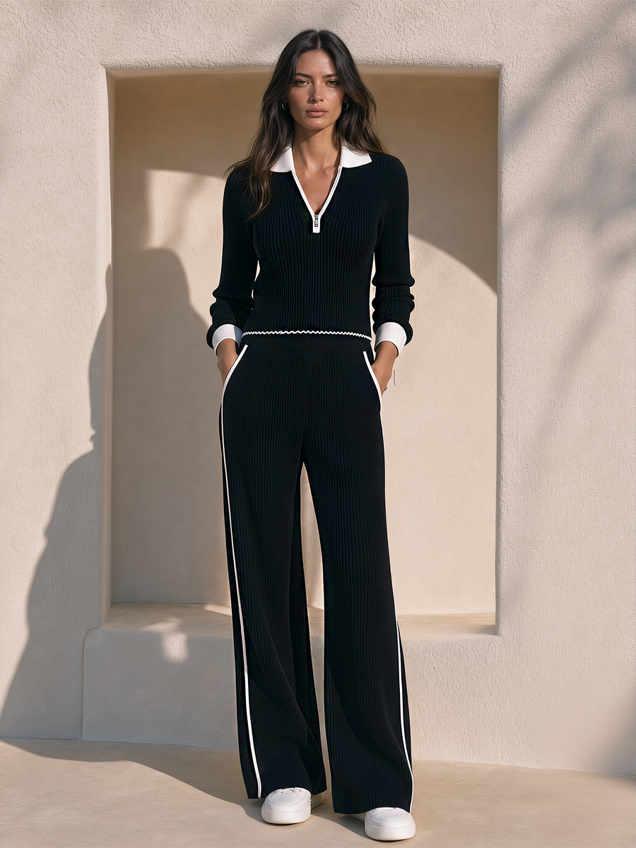 Black And White Color-block Half-zip Knit Top And Trousers Set