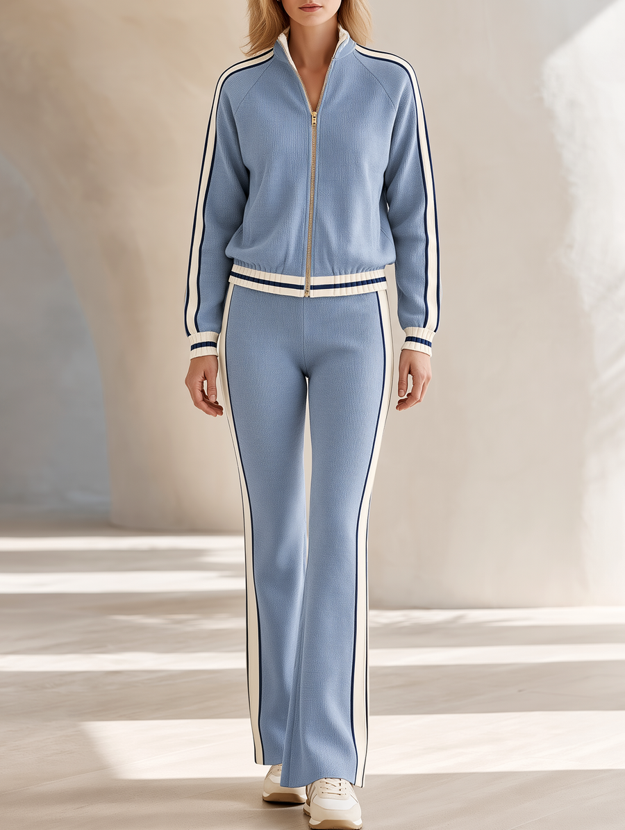 Women's Striped Trim Knit Zip-Up Jacket & Flare Pants Set