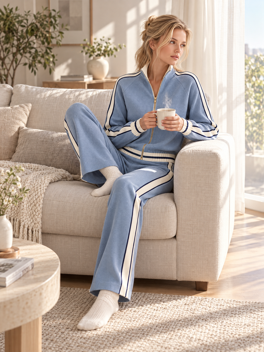 Women's Striped Trim Knit Zip-Up Jacket & Flare Pants Set