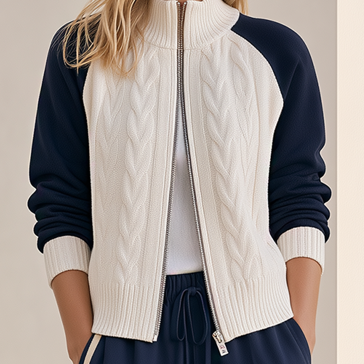 Stylish Navy Blue And White Cable-knit Zip-up Cardigan