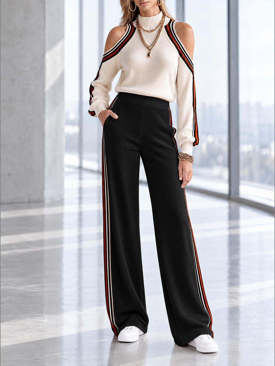 Cream Cold-Shoulder Varsity Stripe Top And Wide-Leg Pants Set