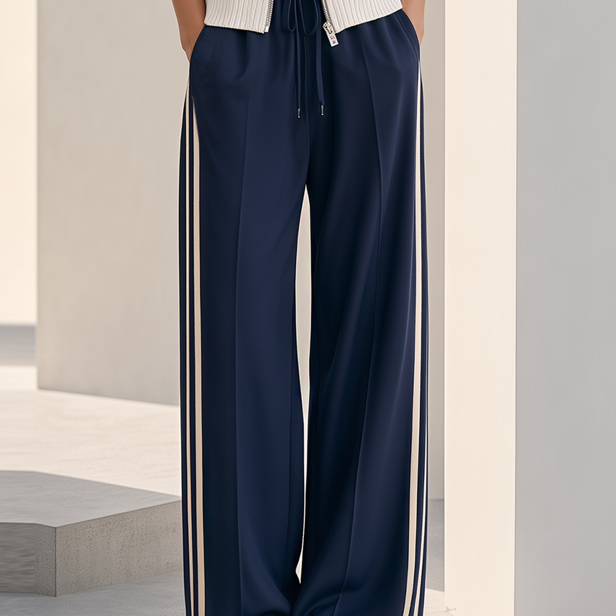 Stylish Casual Navy Wide-Leg Pants With Side Stripes