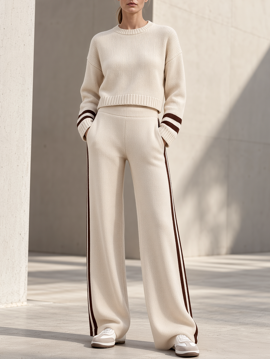 Off-white Cropped Knit Sweater And Wide-leg Trousers Set