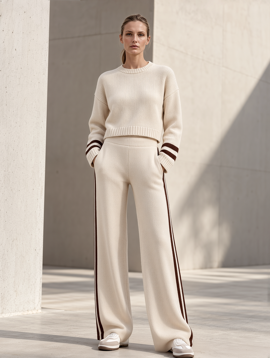 Off-white Cropped Knit Sweater And Wide-leg Trousers Set