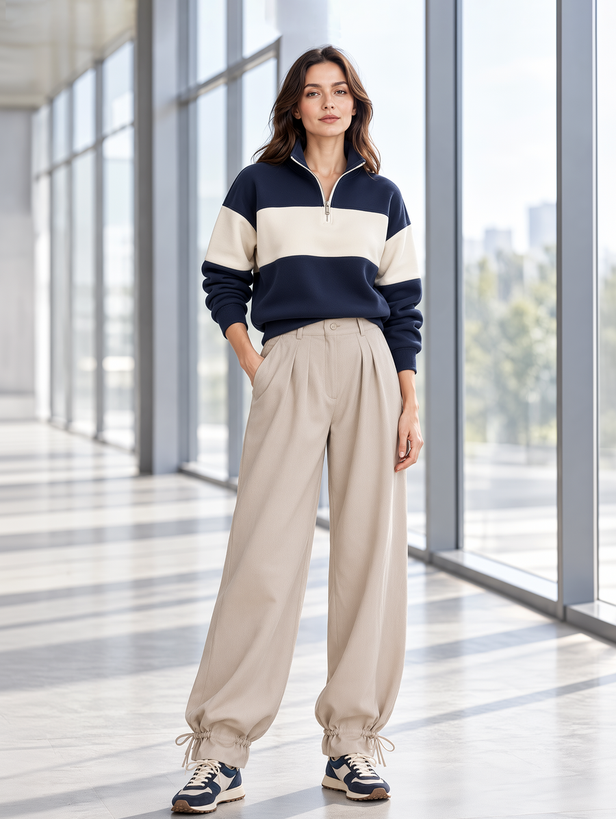 Navy Color-Block Half-Zip Sweatshirt And Wide-Leg Jogger Set