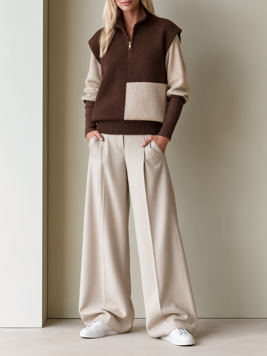 Brown Beige Color-block Half-zip Sweater And Trousers Set