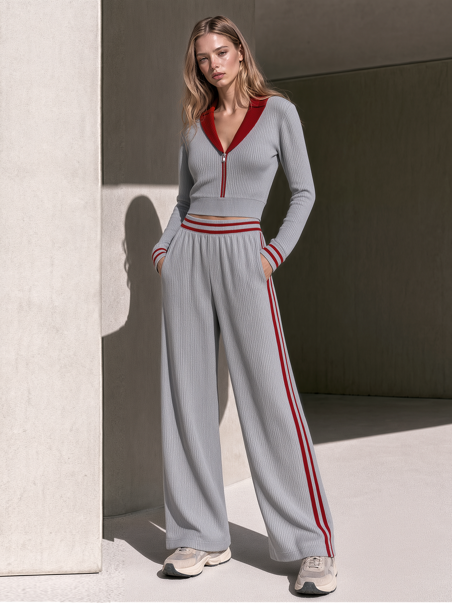 Grey And Red Color-block Cropped Knit Zip-up Top And Side-stripe Trousers Set