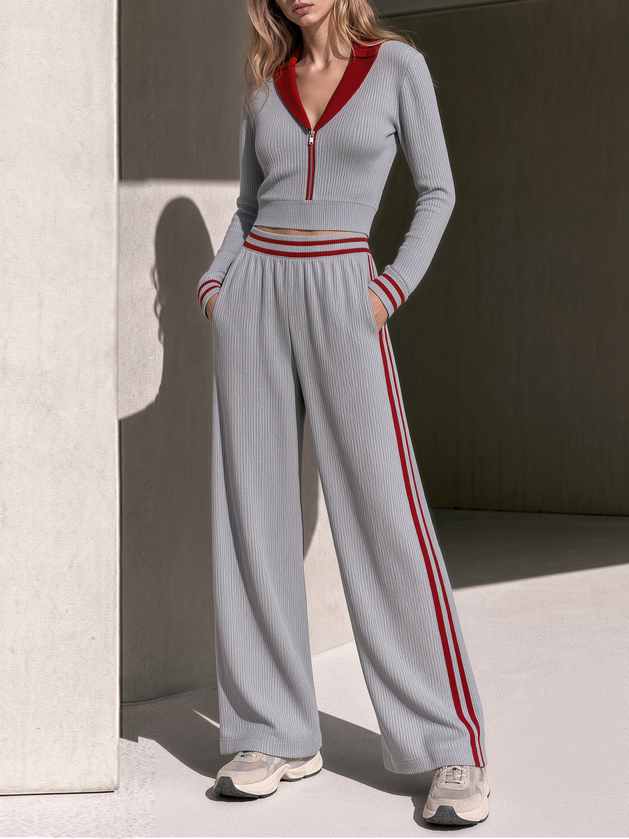 Grey And Red Color-block Cropped Knit Zip-up Top And Side-stripe Trousers Set