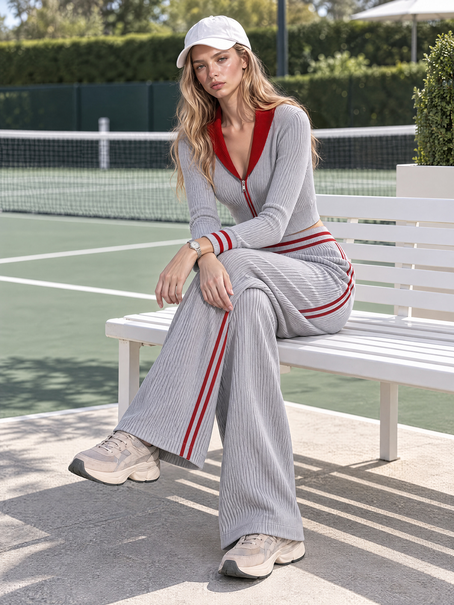Grey And Red Color-block Cropped Knit Zip-up Top And Side-stripe Trousers Set