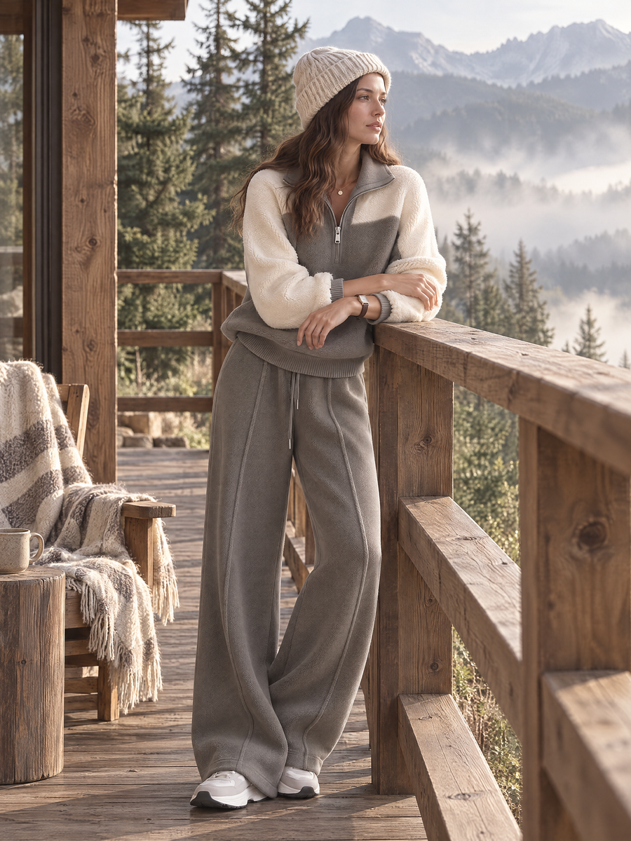 Grey Color-block Half-zip Fleece Top And Wide-leg Trousers Set