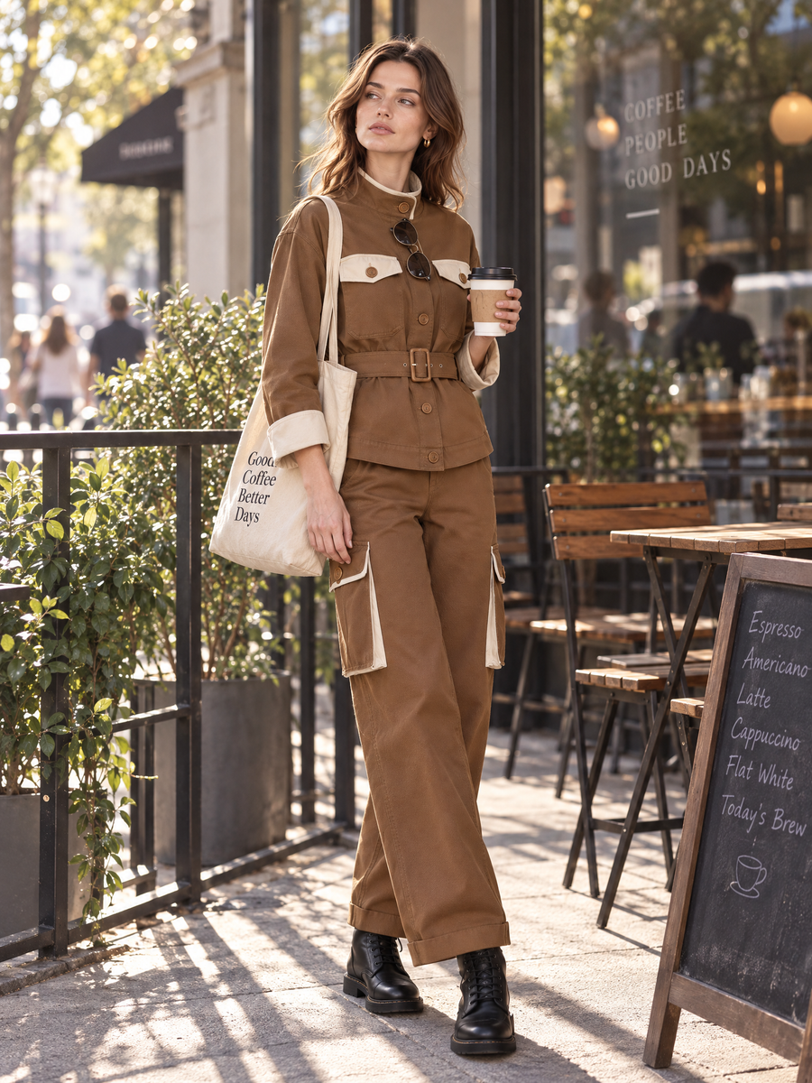 Brown Stand-collar Waist-cinching Utility Jacket And Trousers Set
