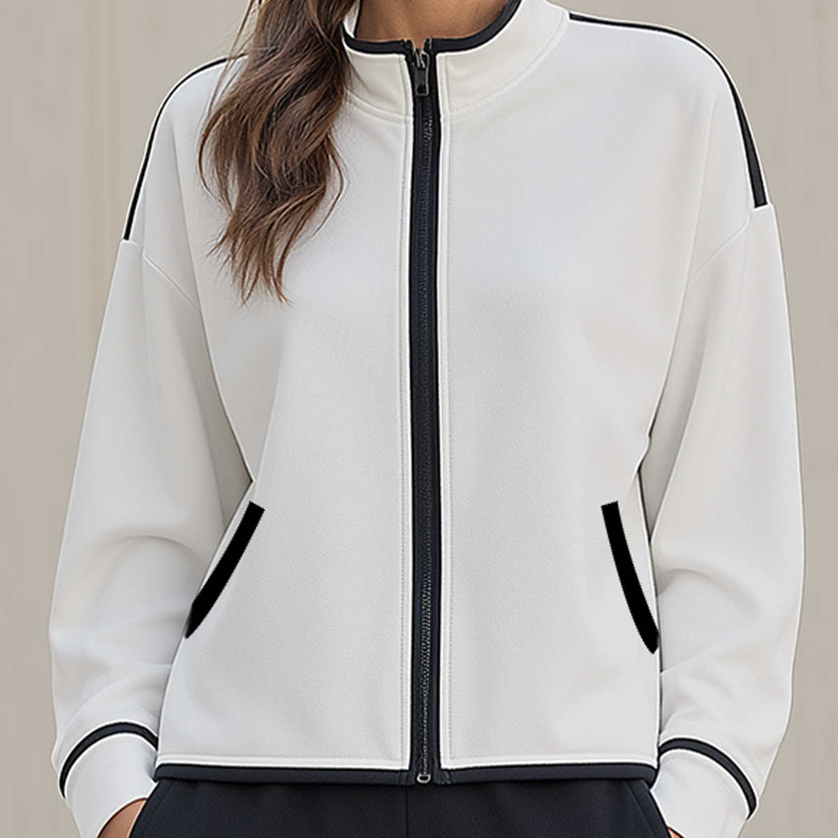 Black And White Color-Block Stand-Collar Zip Jacket With Pockets