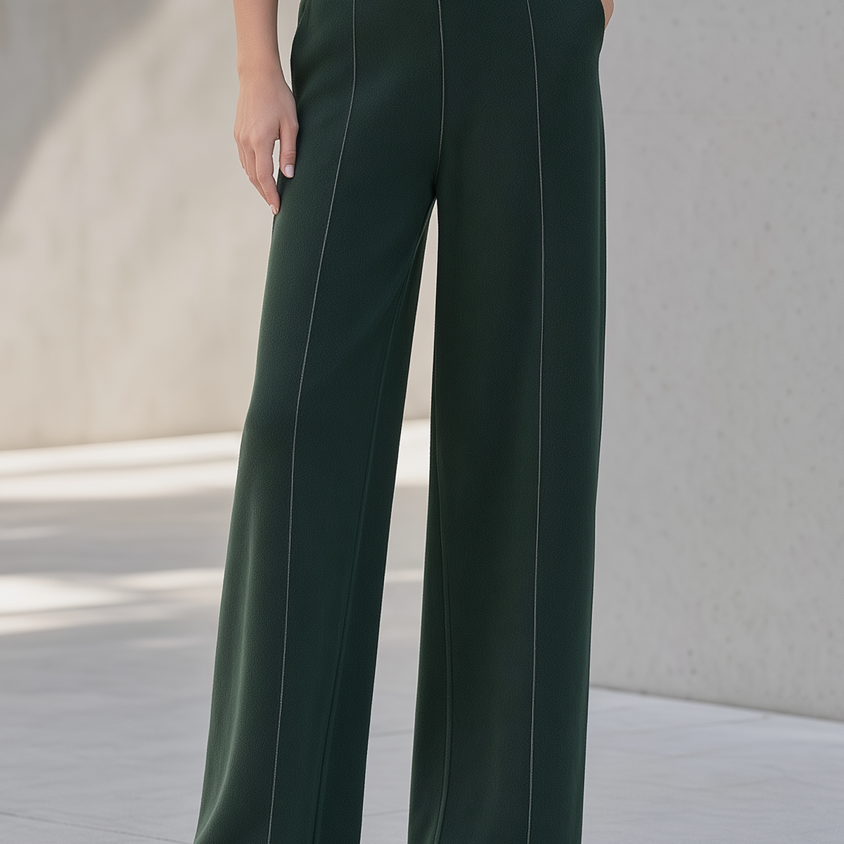 Dark Green Color-Block Wide-Leg Casual Trousers