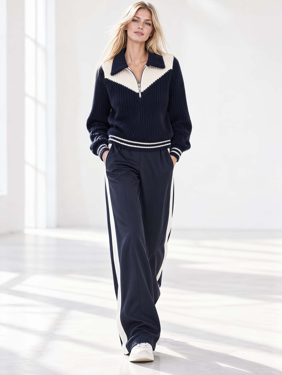 Stylish And Casual Navy And White Color-block Long-sleeve Sweater And Trousers Set With A Collar