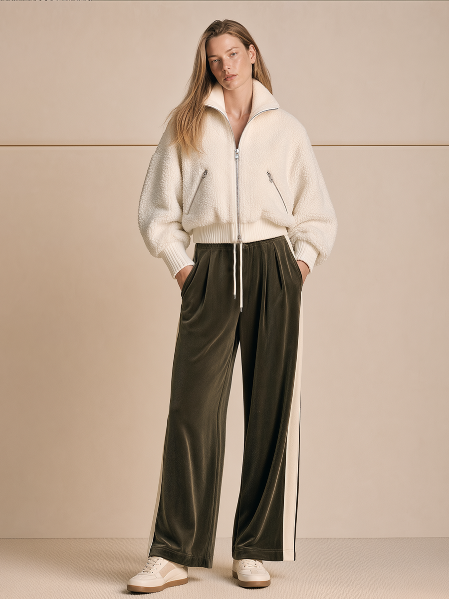 Beige Cropped Shearling Jacket And Olive Green Velvet Wide-leg Trousers Set