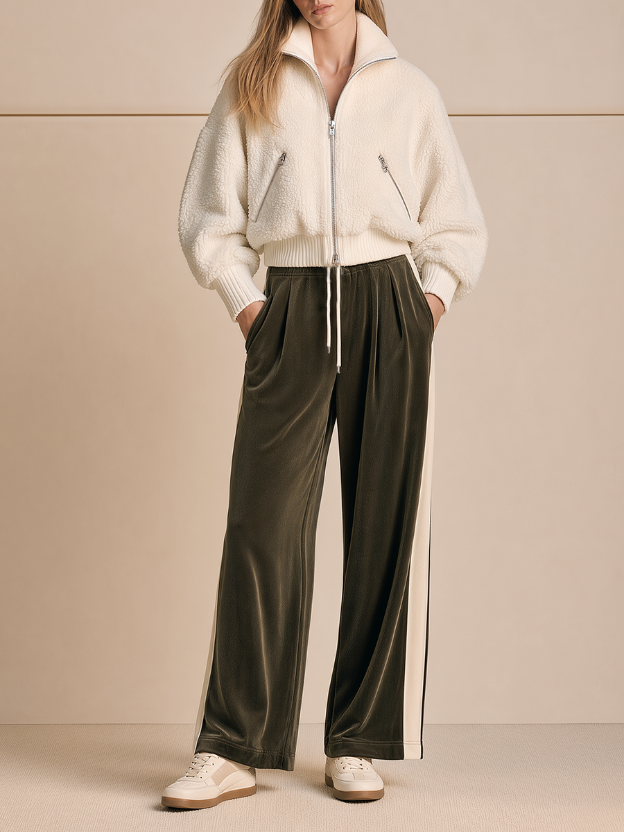 Beige Cropped Shearling Jacket And Olive Green Velvet Wide-leg Trousers Set