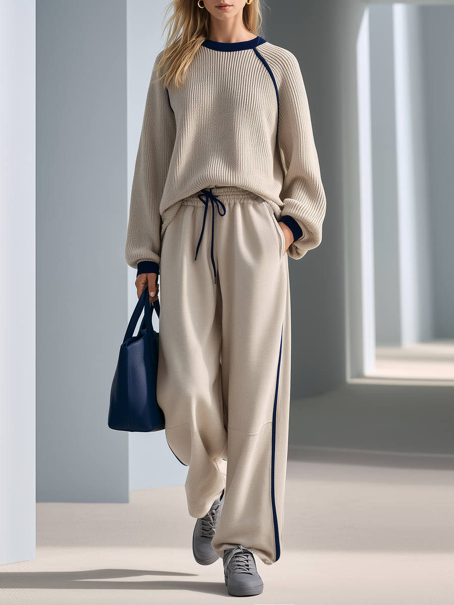 Oatmeal-colored Raglan-sleeve Sweater With Navy Accents And Wide-leg Trousers Set