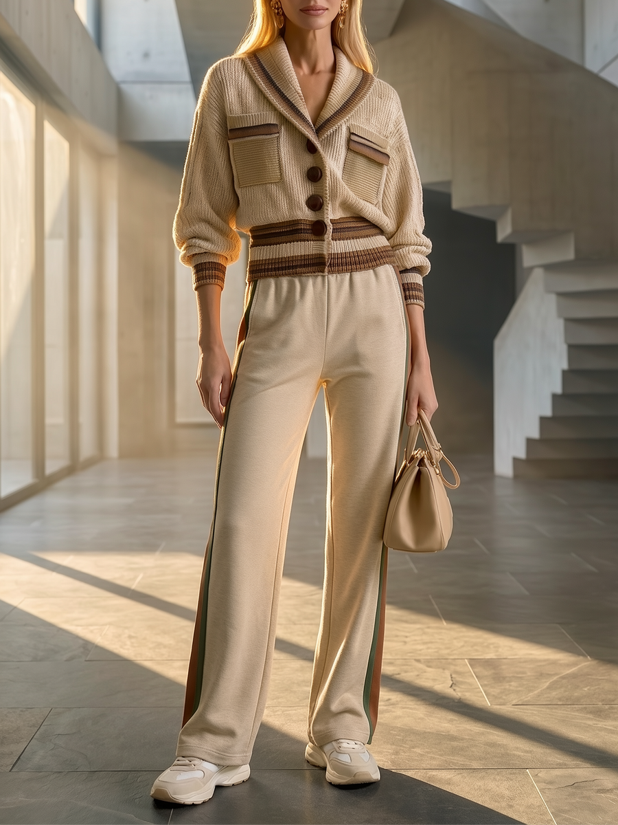 Oatmeal Shawl Collar Cardigan & Cream Wide-Leg Pants Set