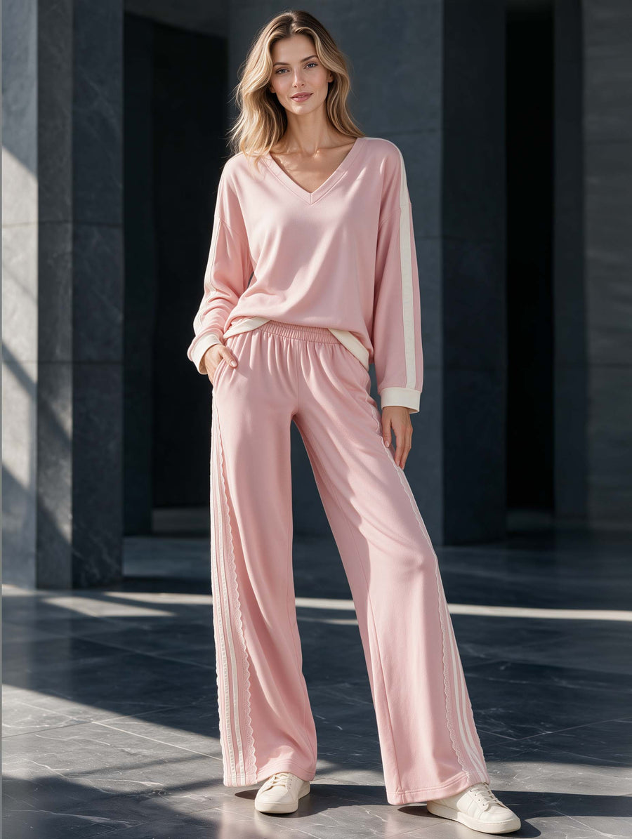 Casual Pink V-Neck Long-Sleeve Top And Wide-Leg Pants Fashion Set