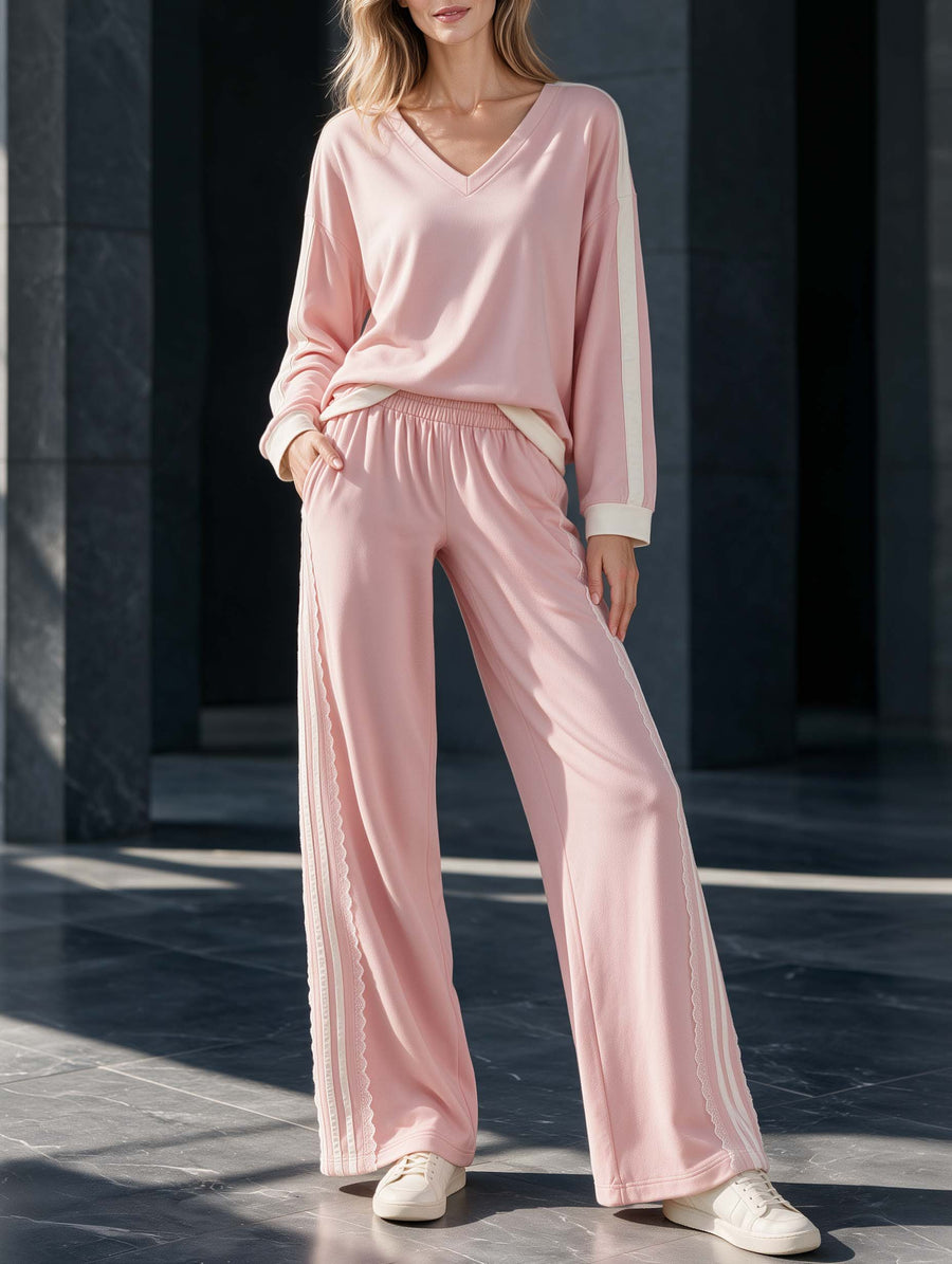 Casual Pink V-Neck Long-Sleeve Top And Wide-Leg Pants Fashion Set