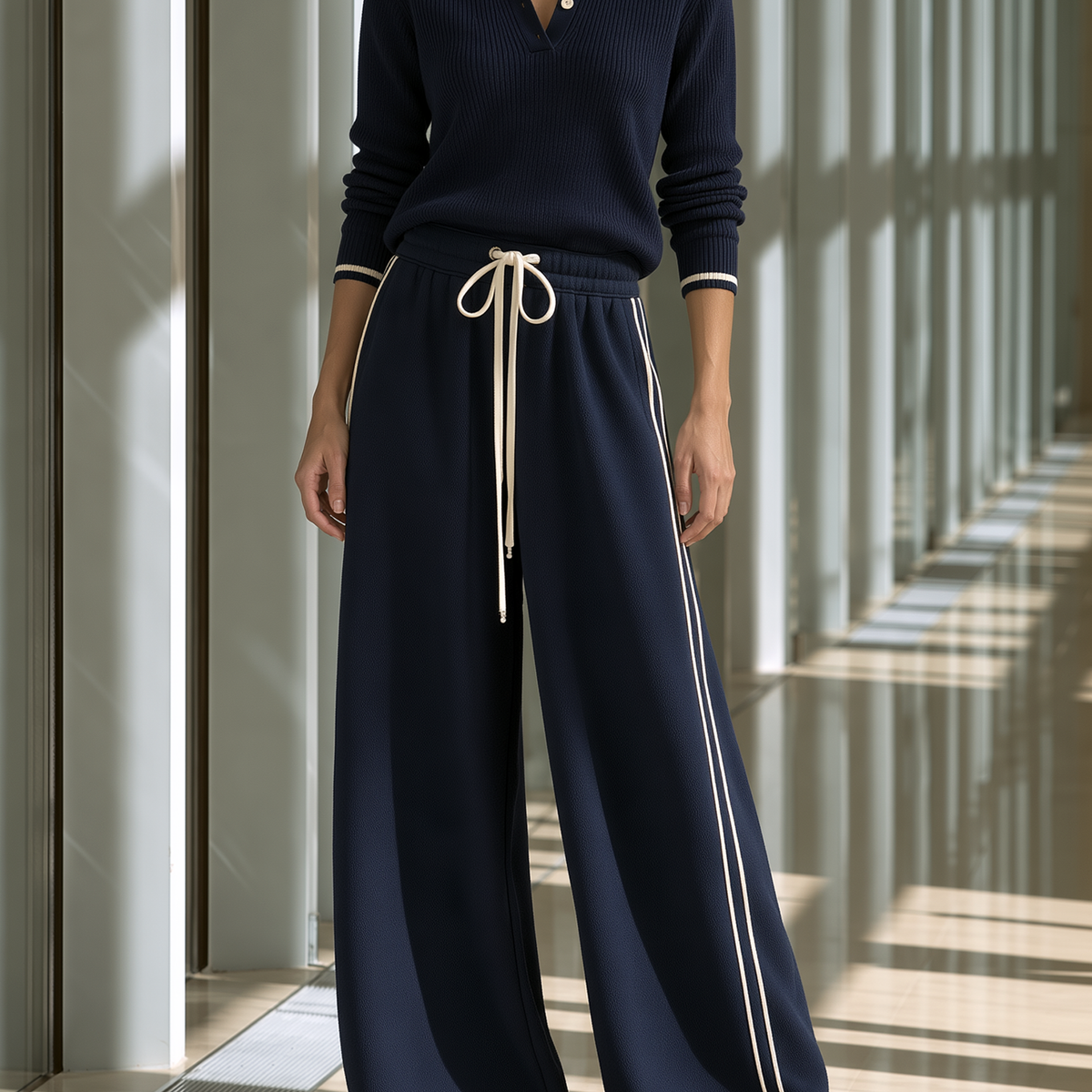 Navy Blue Knitted Polo Top And Wide-leg Trousers Set