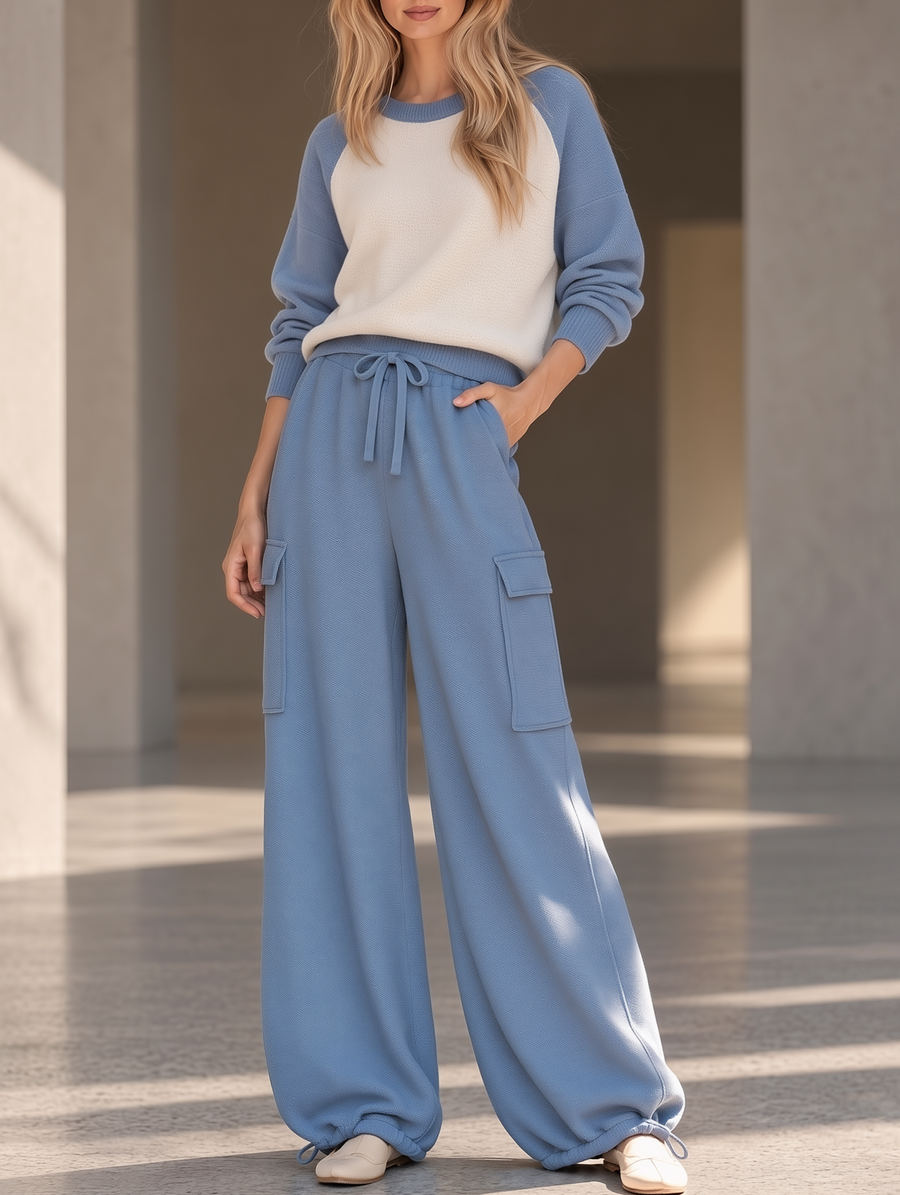 Blue And White Color-block Knit Top And Wide-leg Cargo Pants Set